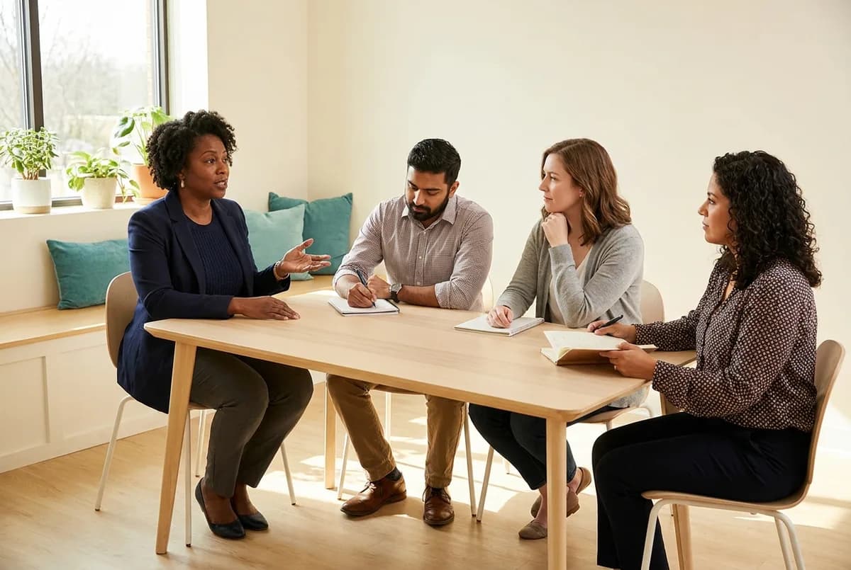 A NorthStar Day supervisor leading a supervision meeting with three trainees